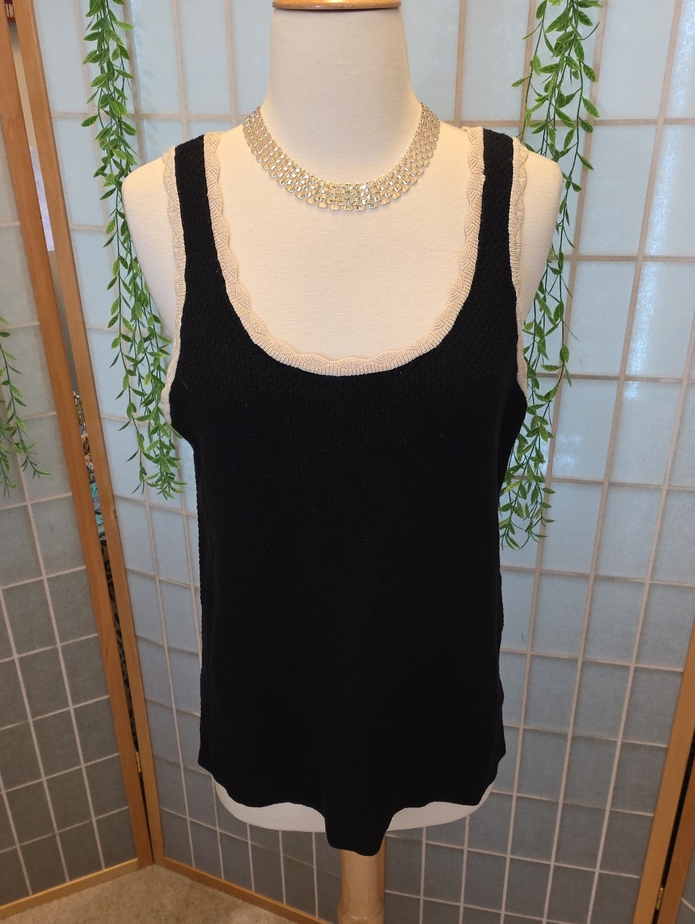 LOFT Black Tank with Cream Scalloped Trim
